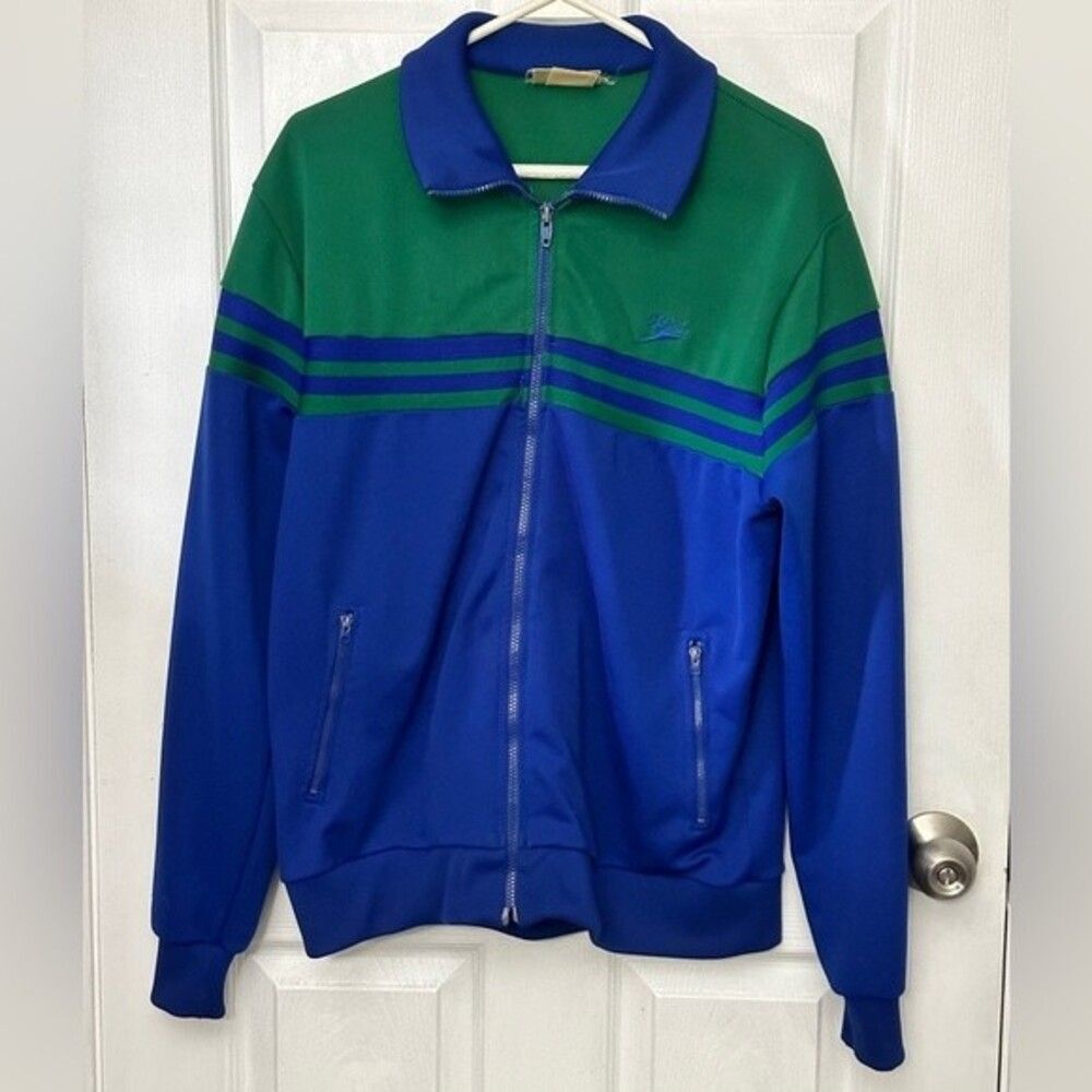 80’s Speedo Track Jacket Blue Green Stripes Collared Full Zip Pockets XL